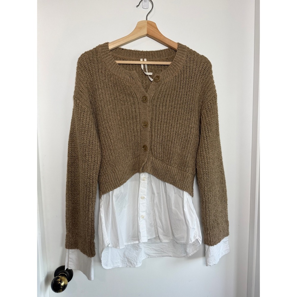 Anthropologie Tan Brown Layered‎ Cardigan Sweater White Shirt Trim Womens Small